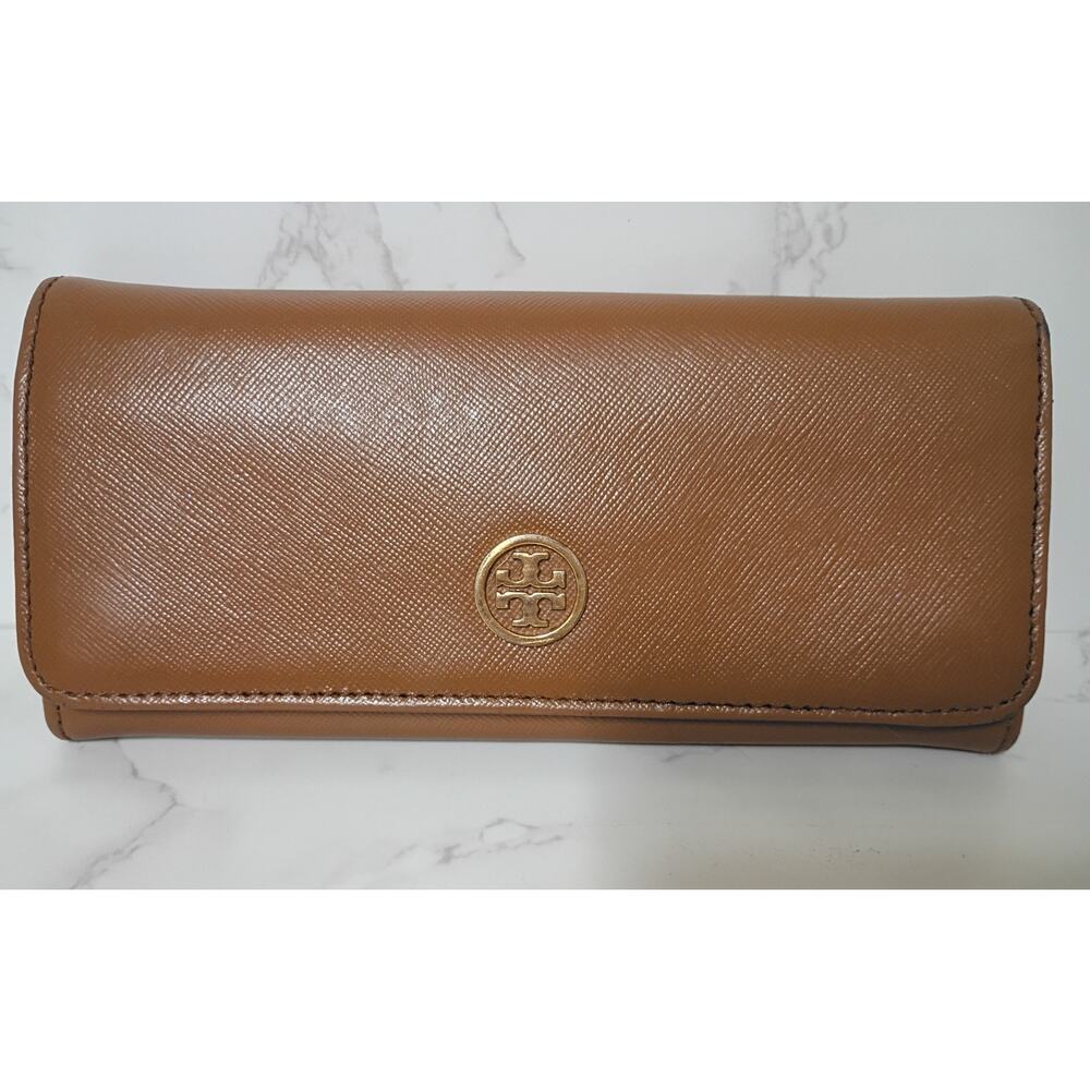 TORY BURCH Robinson Brown Leather Flap Continental Wallet - GUC